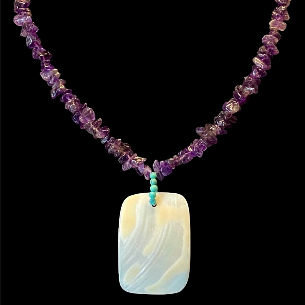 Vintage Amethyst Necklace W/ Mother Of Pearl Pendant Attached W/ Turquoise Beads